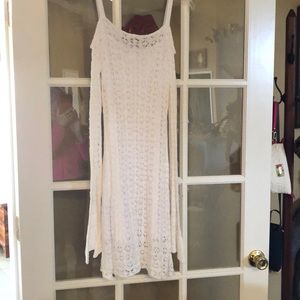 White lace cold shoulder dress.